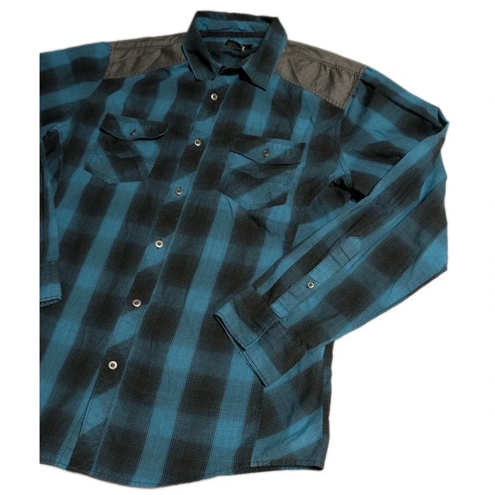 Rock & Republic Mens Large Plaid Button Up Shirt Blue Black Western Long Sleeve